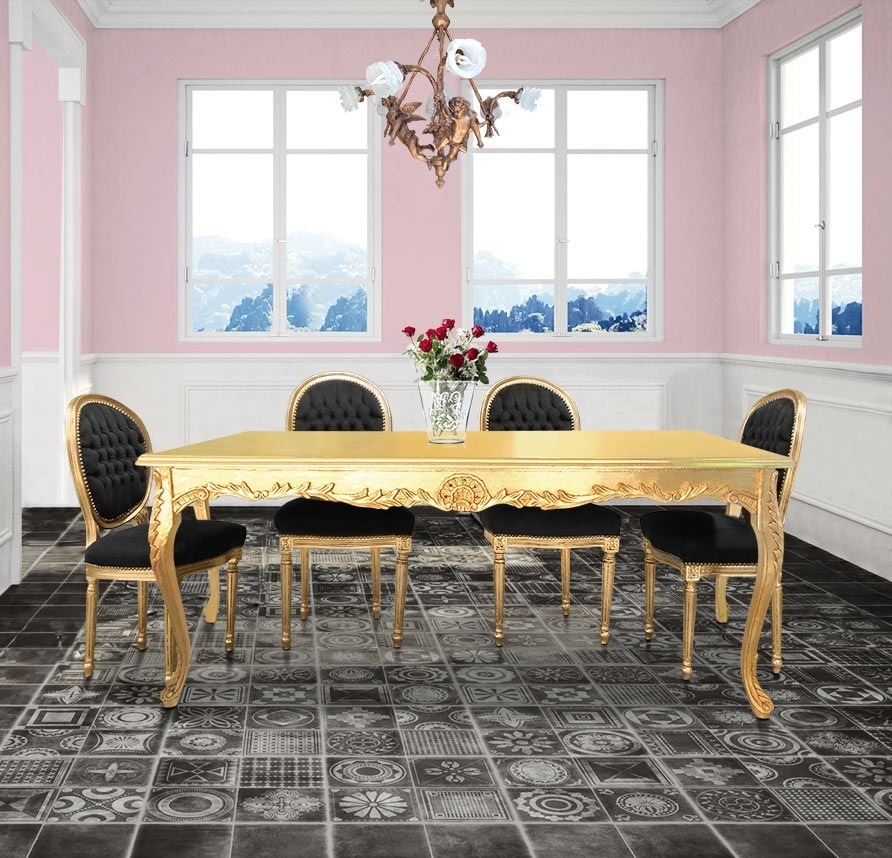 table baroque doré et sol pvc imitation carreaux de ciment